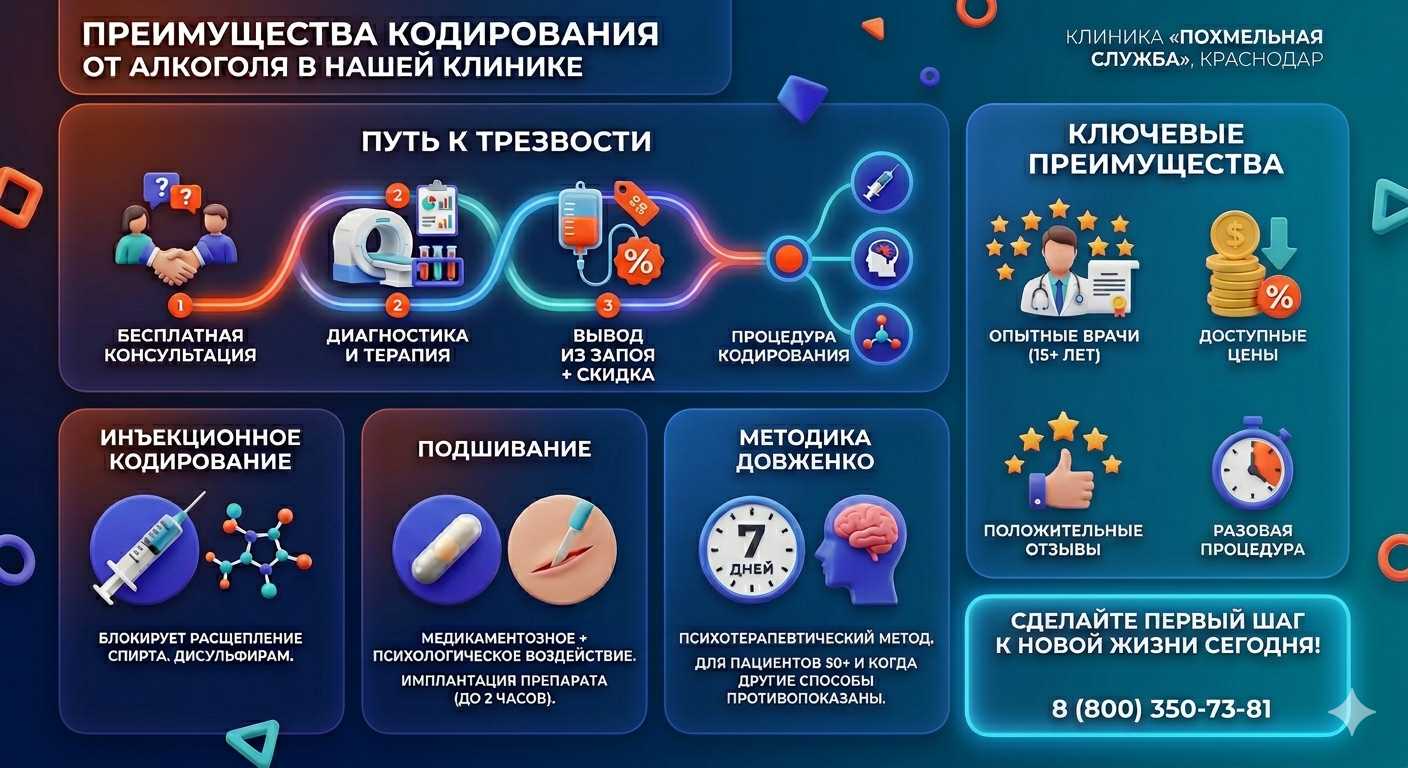 Инфографика о методах кодирования от алкоголя в Дальнереченске: инъекции, подшивание, метод Довженко. Преимущества клиники и этапы лечения.